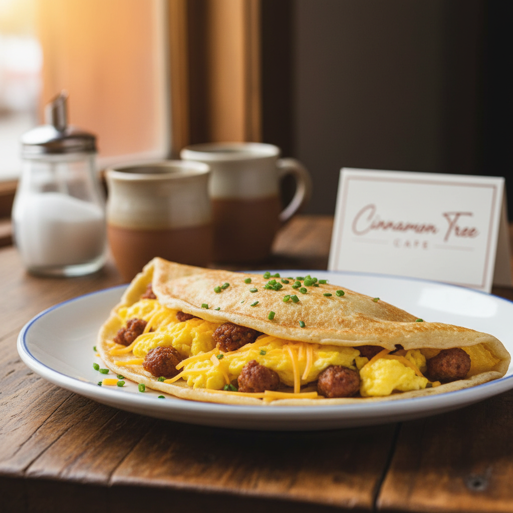Breakfast Crepe. Your choice of meat w/ scrambled eggs & Cheddar cheese