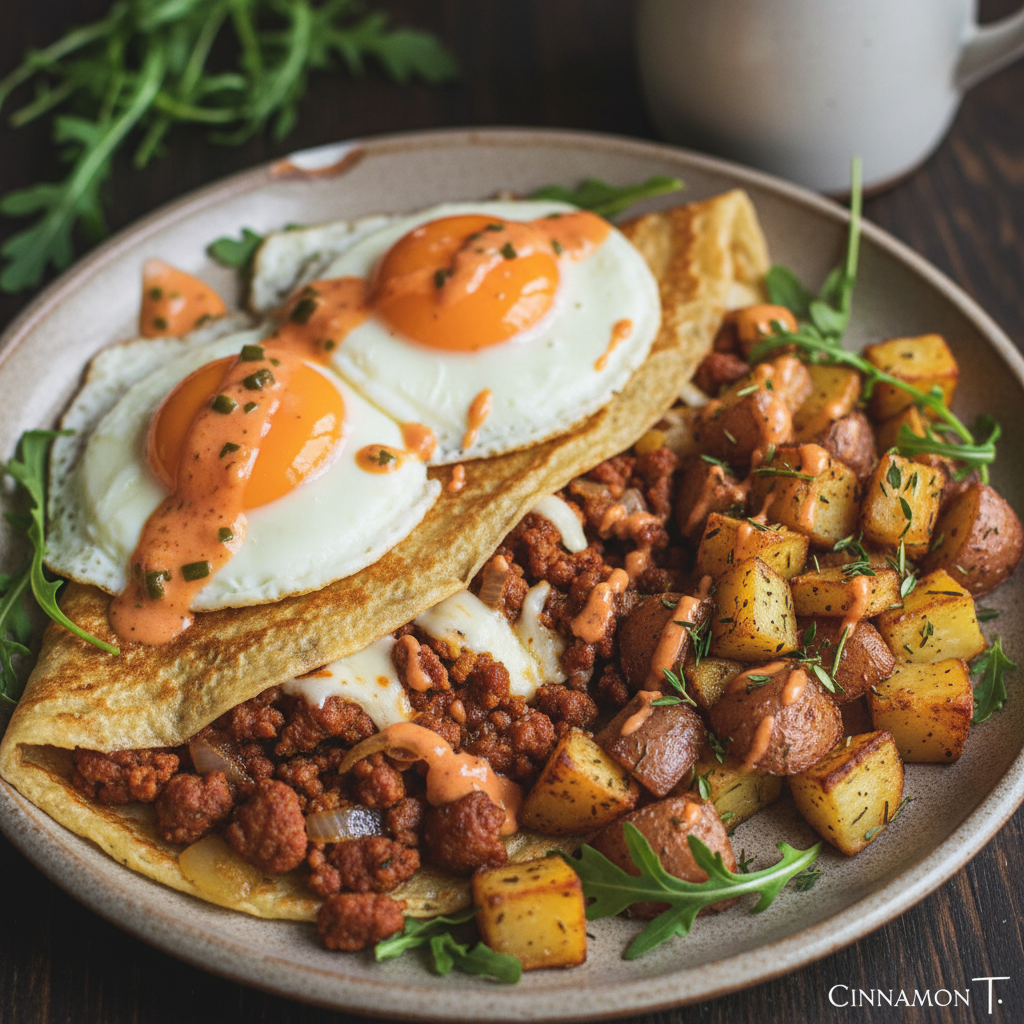 Chorizo Crepe. Red potatoes seasoned w/ fresh herbs, ground chorizo, yellow onion, mozzarella cheese, fresh arugula, 2 fried eggs w/ house jalapeno peach hot sauce