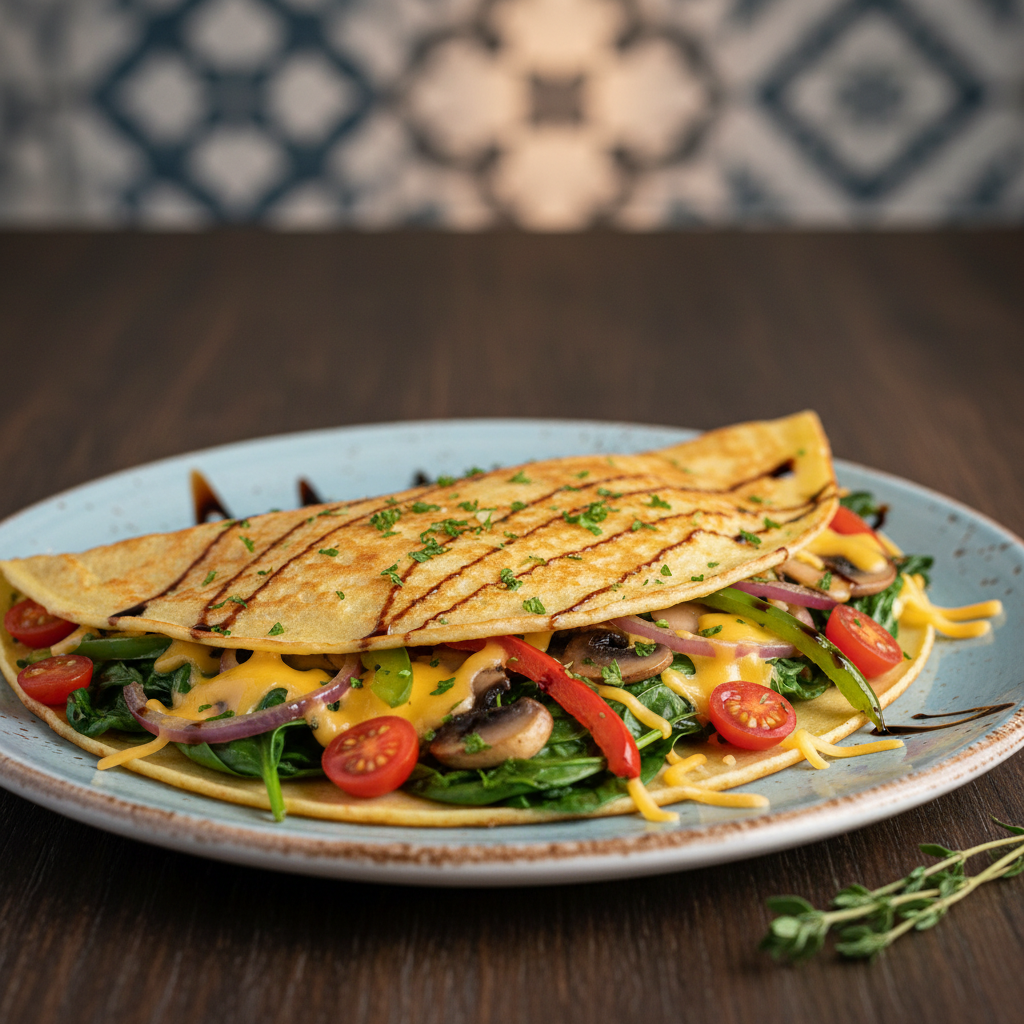 Veggie Crepe. Spinach, cheddar, onion, bell peppers, mushrooms, & Tomatoes
