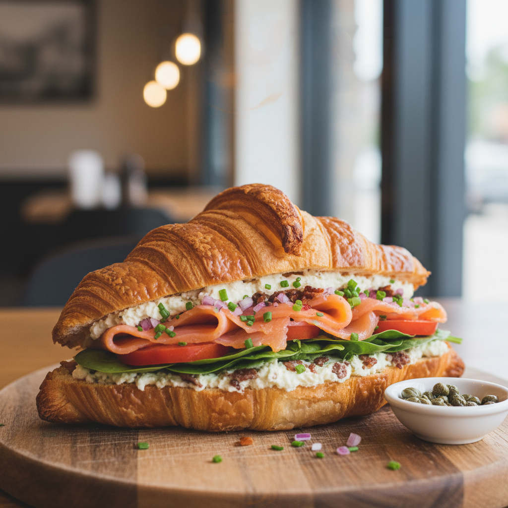 Lox Croissant. Scratch bacon chive cream cheese, smoked salmon, spinach, capers, tomatoes & Shallots on a fresh baked toasted croissant