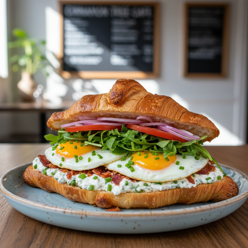 Breakfast Croissant. Scratch bacon chive cream cheese, 2 over easy eggs, fresh arugula tomatoes & Shallots on a fresh baked toasted croissant