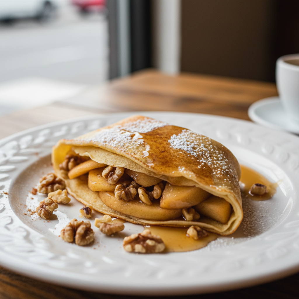 Cinnamon Apple Walnut Crepe. Thin crepe filled with sweet apples and crunchy walnuts.
