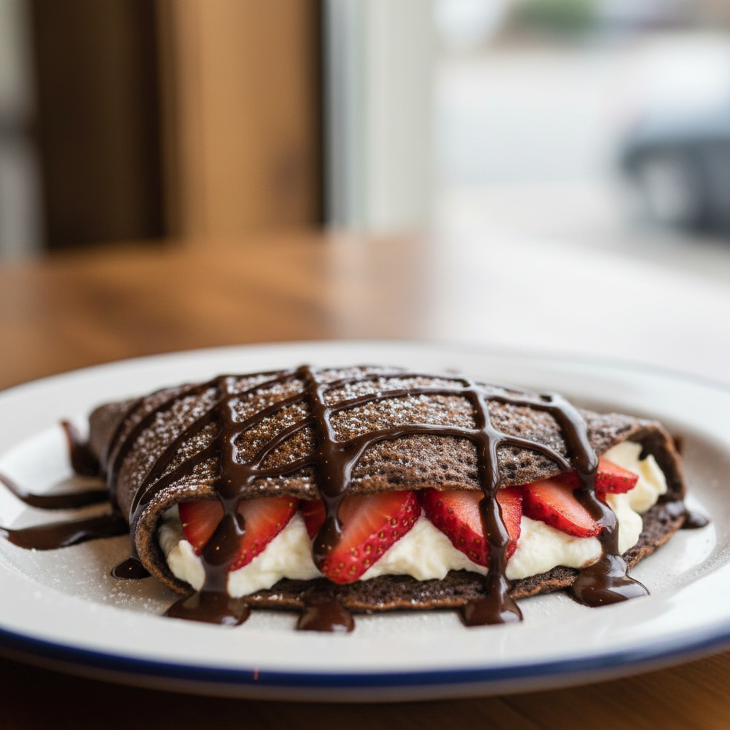Black Forest Crepe. House cream cheese filling, fresh strawberries & Ghiradelli chocolate crepe