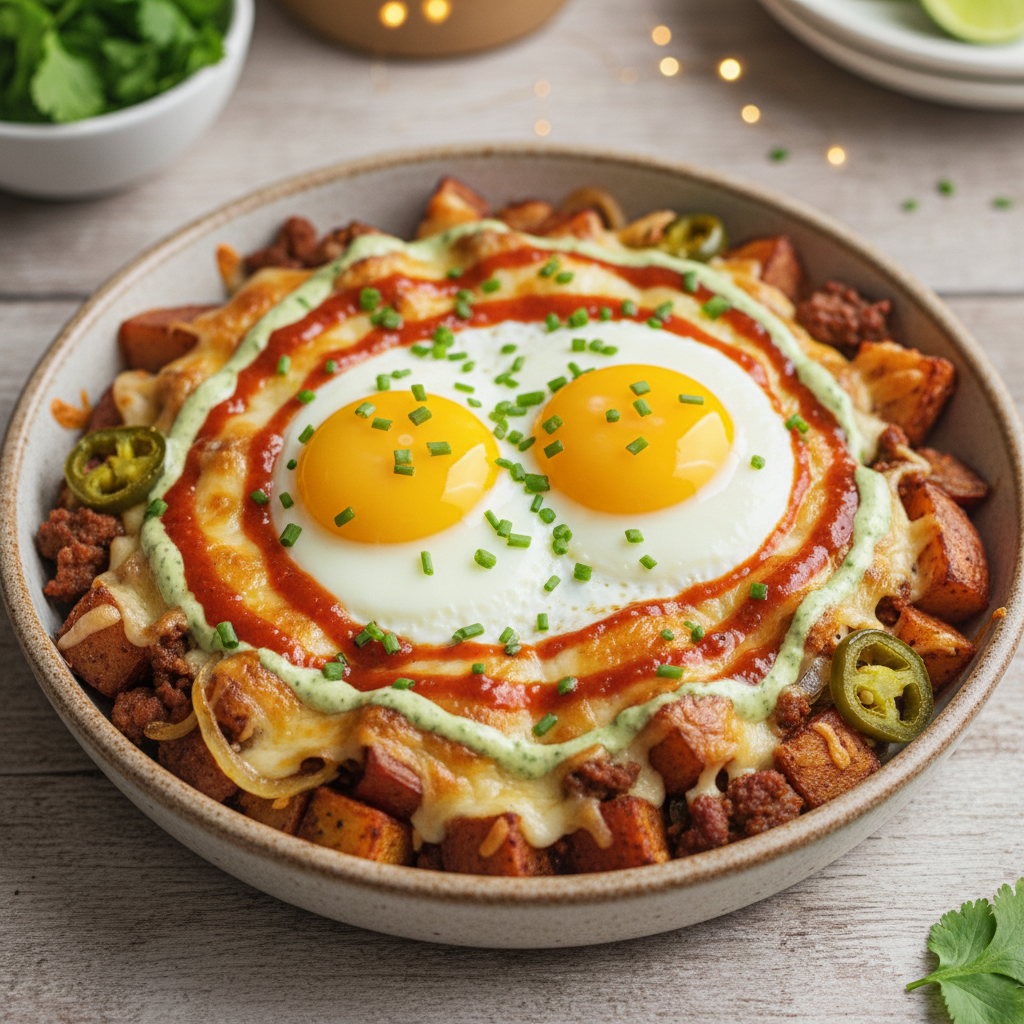 Potato Bowls. Red potatoes, ground chorizo, yellow Onion, jalapenos, mozzarella, house strawberry habanero hot sauce, cilantro lime sauce, 2 sunny eggs & Chives on a fresh bed of arugula
