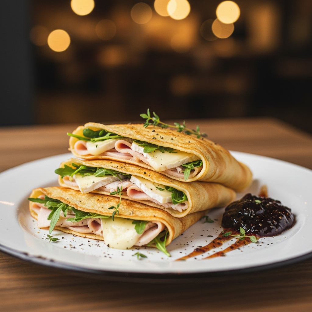 Savory Crepes. Boars Head oven gold turkey, brie cheese, fresh arugula & House jam