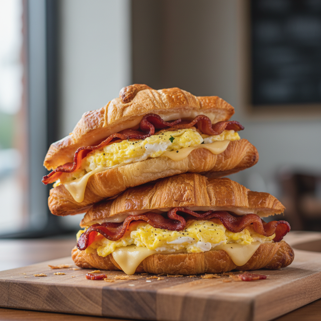 Croissant Sandwiches. Scrambled eggs filled with Boars Head Bacon & Smoked Gouda Cheese on a fresh baked toasted croissant