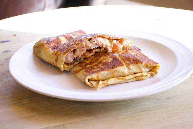 Ham & Cheese Crepe. Boars Head sweet sliced ham, imported swiss cheese, fresh tomatos, thick cut Boars Head applewood smoked bacon, & Honey Mustard
